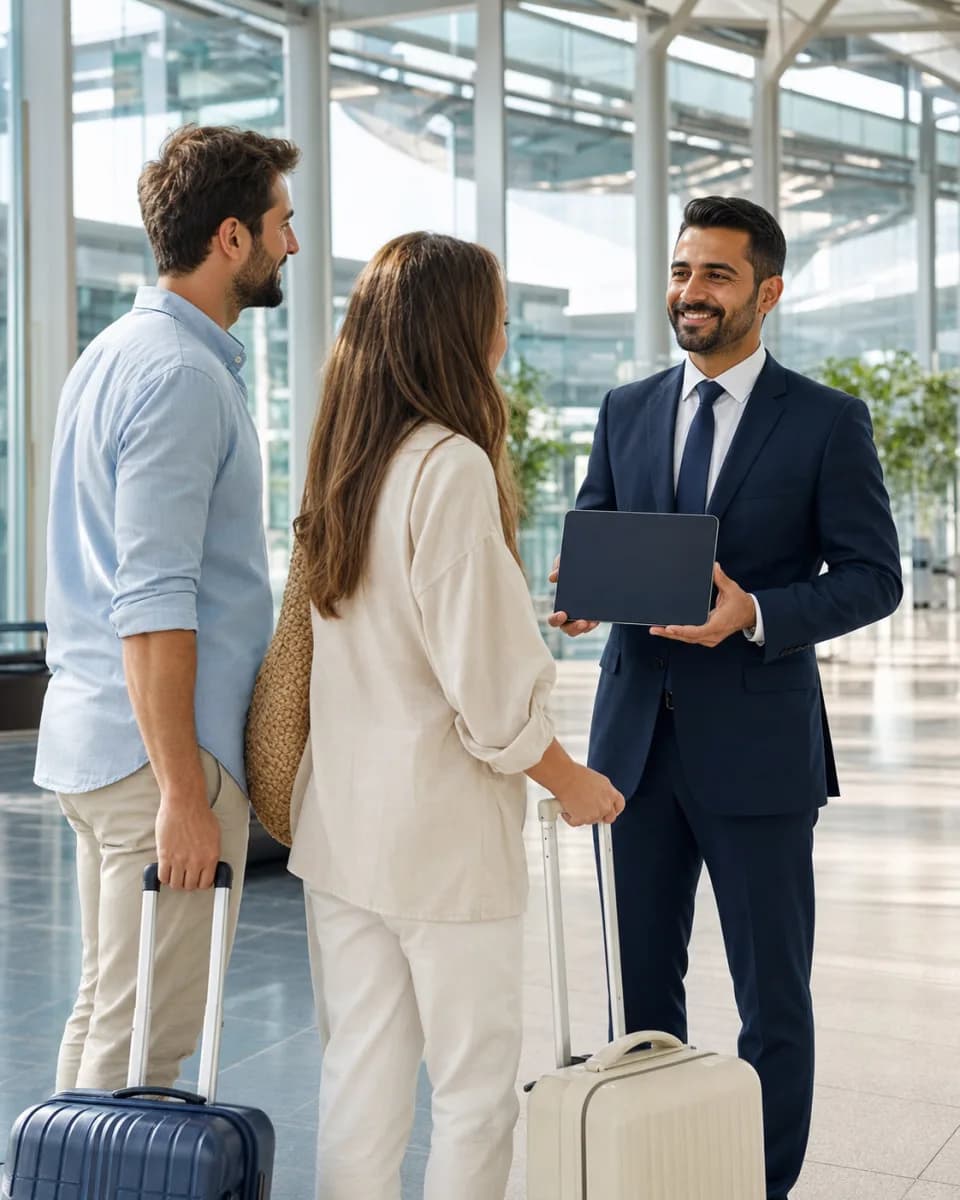 Private transfer driver greeting travelers at the airport