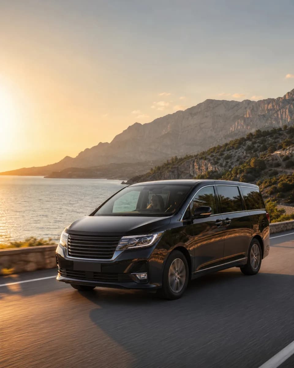 Comfortable private transfer vehicle driving along the Antalya coast