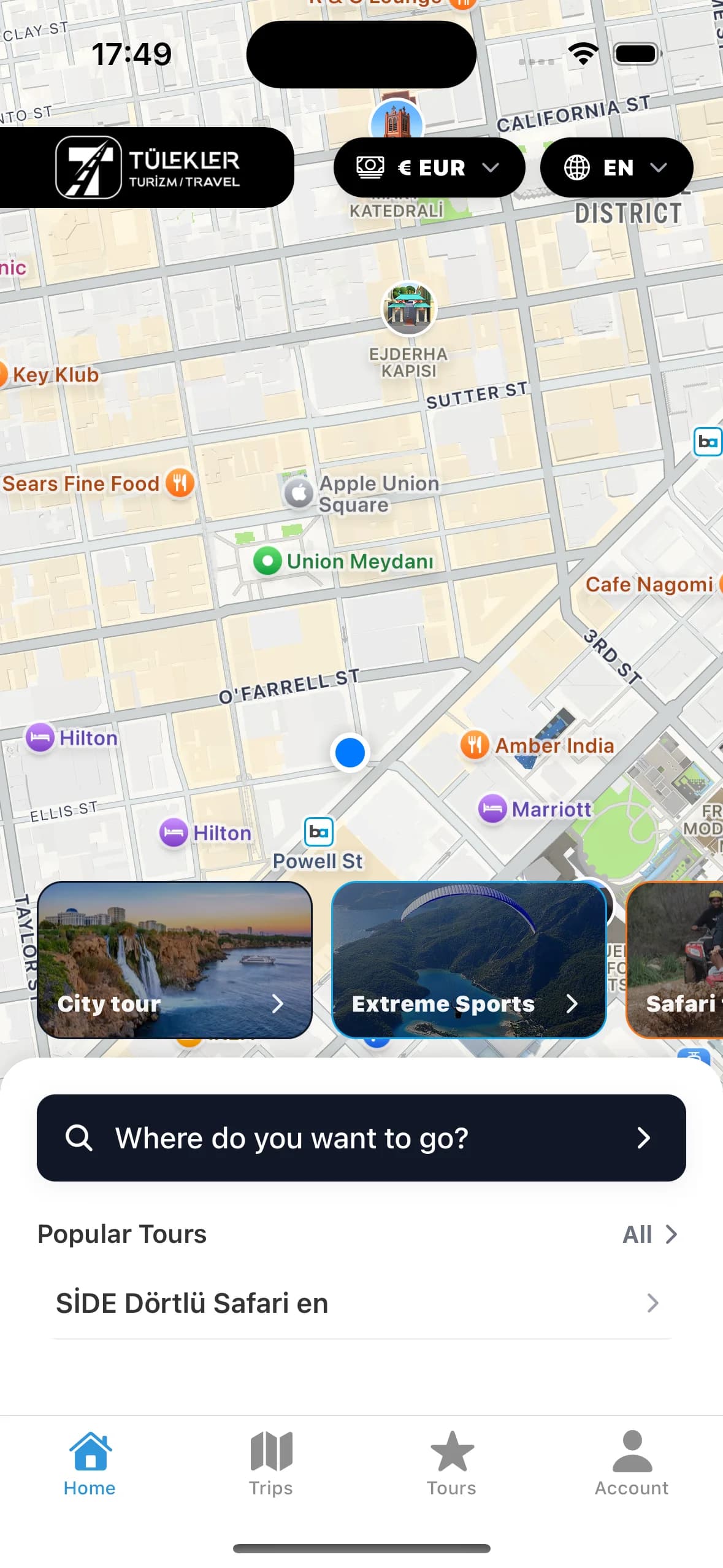 Tülekler Travel mobile app map and tours home screen