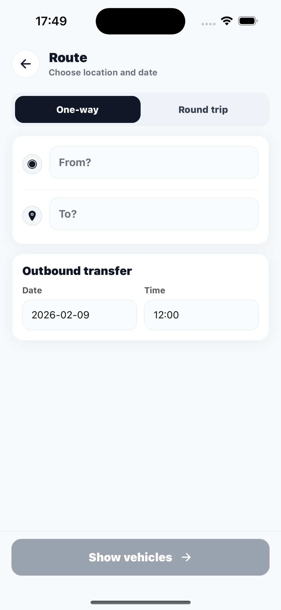 Tülekler Travel route and date selection screen