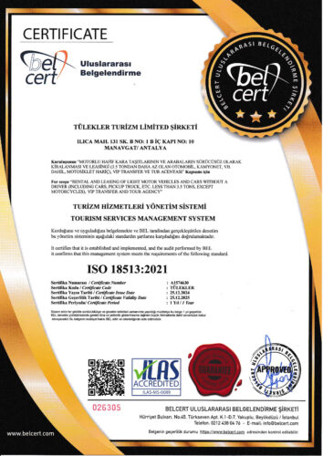 Tülekler Turizm ISO 18513 2021 tourism services management certificate