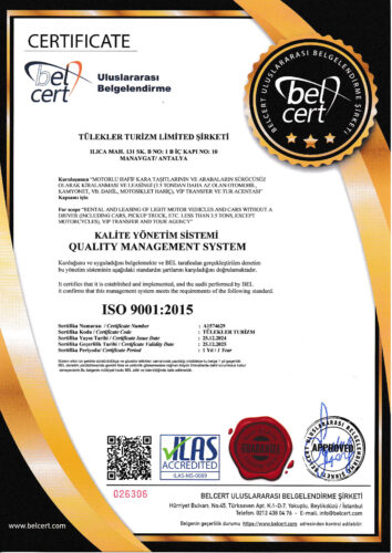 Tülekler Turizm ISO 9001 2015 quality management certificate
